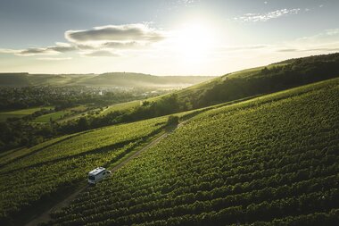 Mit dem Wohnmobil durch die Weinberge in Markelsheim, Taubertal, Baden-Württemberg, Deutschland