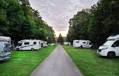 Blick auf den Wohnmobilstellplatz beim Naturcamping in Bad Mergentheim. Die Wohnmobile stehen auf Grünflächen. Die Bäume rechts und links sind groß und intensiv grün. Die Wolken am Himmel sind rosafarben. Im Hintergrund geht gleich die Sonne auf/unter. | © Unbekannt