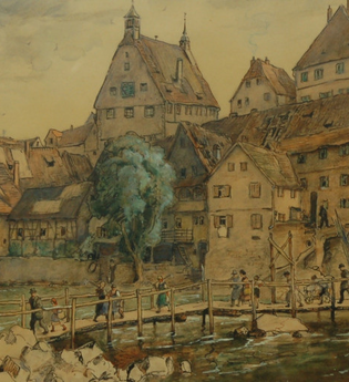 Historische Darstellung von Besigheim mit Fachwerkhäusern und einer Holzbrücke über einen Fluss. | © Stadt Besigheim