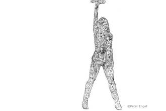 Eine schwarz-weiße Zeichnung einer stehenden Frau mit erhobenem Arm, bestehend aus vielen kleinen Gesichtern. | © Kultur- und Sportamt Stadt Bietigheim-Bissingen