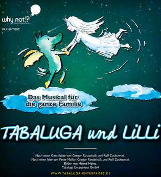 Illustration von Tabaluga und Lilli, die über Wolken fliegen, mit dem Text 'Das Musical für die ganze Familie'. | © Whynot Events UG