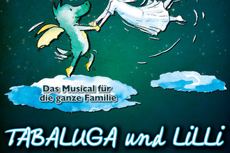 Illustration von Tabaluga und Lilli, die über Wolken fliegen, mit dem Text 'Das Musical für die ganze Familie'. | © Whynot Events UG
