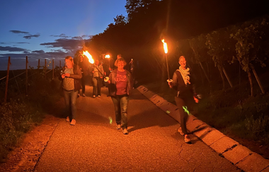 Personengruppe mit Fackeln in den Weinbergen