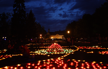 Zahlreiche leuchtende Kerzen in einer Parkanlage bei Nacht