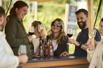 Fröhliche Weinrunde an einem Probierstand im Weinberg mit mehreren Personen, die anstoßen und lachen. | © Tourimia Tourismus GmbH | Stefan Leitner Photography