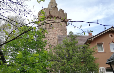Roter Turm komplett mit Eingangsbereich, fotografiert von der Roten Turmstraße.
