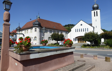 Blick auf das Wasserschloss in Unterschüpf. Im Vordergrund ist ein Sandsteinbrunnen mit Blumenschmuck zu sehen. | © Liebliches Taubertal