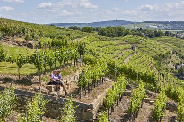Zwei Wanderer machen Pause in den Lauffener Weinbergen | © Neckar-Zaber-Tourismus e.V. | Christian Ernst
