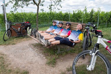 Vier Radfahrer in blauen Trikots und Helmen sitzen entspannt auf einer Parkbank neben ihren Fahrrädern vor einer grünen Weinberglandschaft | © Landratsamt Rhein-Neckar-Kreis; Foto Dorothea Burkhardt